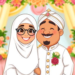 A joyful cartoon couple on their wedding day, the bride in a white burka and hijab, wearing round glasses, showcasing a cute smile, with light brown skin tone