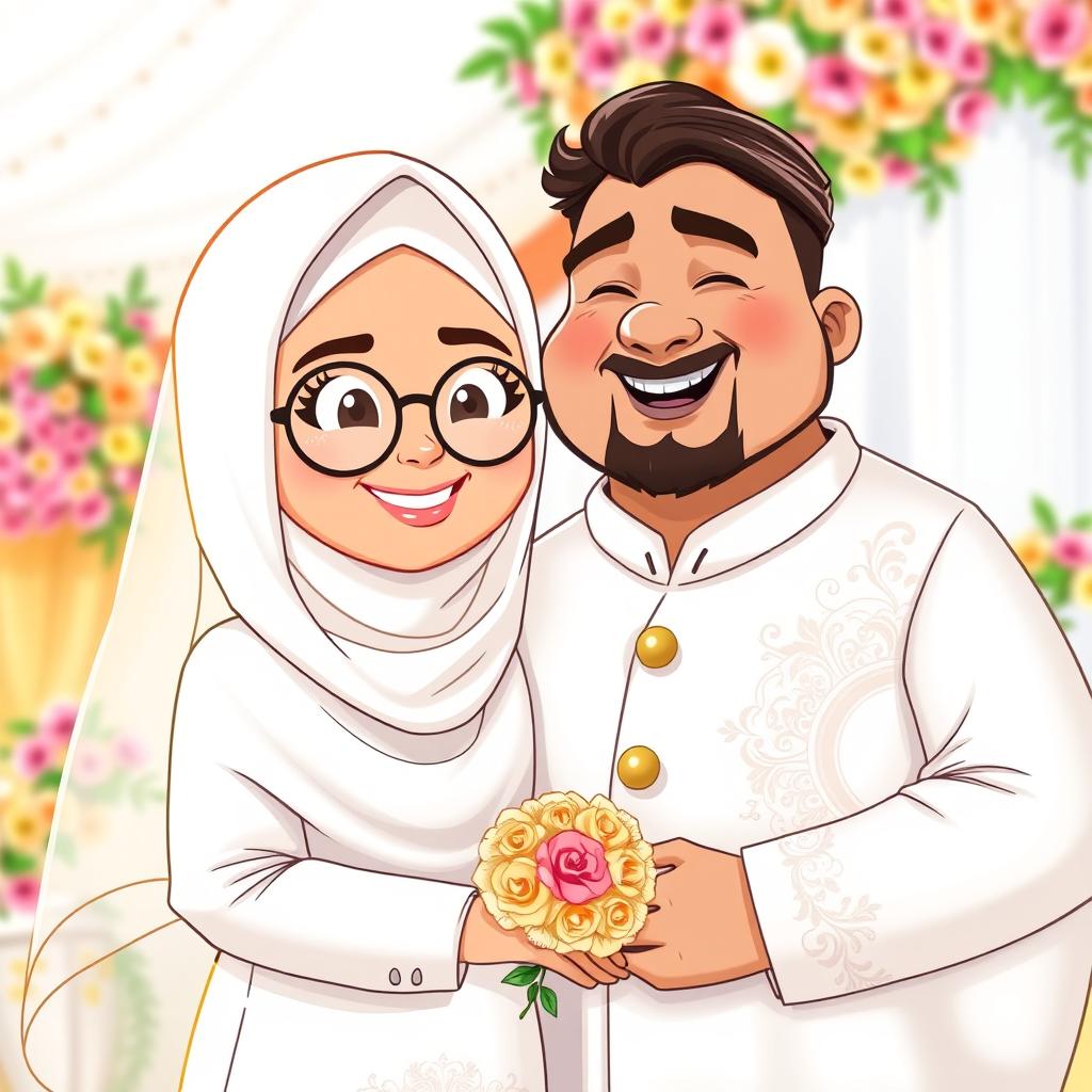 A joyful cartoon couple on their wedding day, the bride in a white burka and hijab, wearing round glasses, showcasing a cute smile, with light brown skin tone