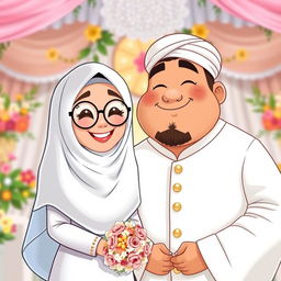 A joyful cartoon couple on their wedding day, the bride in a white burka and hijab, wearing round glasses, showcasing a cute smile, with light brown skin tone