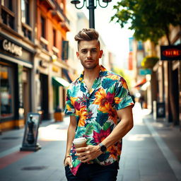 A stylish man standing confidently in a vibrant city street