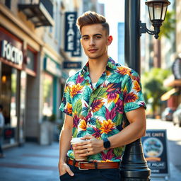 A stylish man standing confidently in a vibrant city street