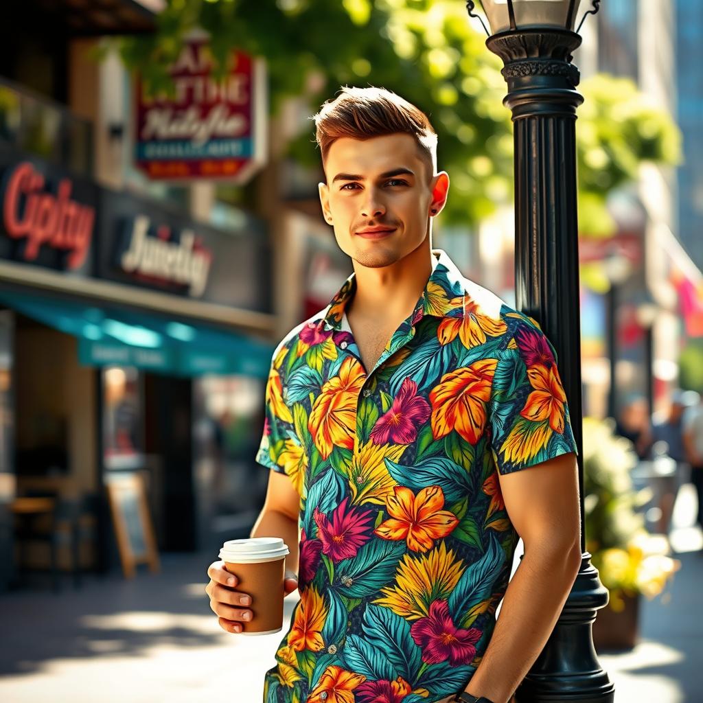 A stylish man standing confidently in a vibrant city street