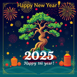 A vibrant and festive Happy New Year 2025 greeting card design