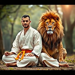 A powerful lion sitting beside a man in a meditative pose, both embodying mental discipline and strength