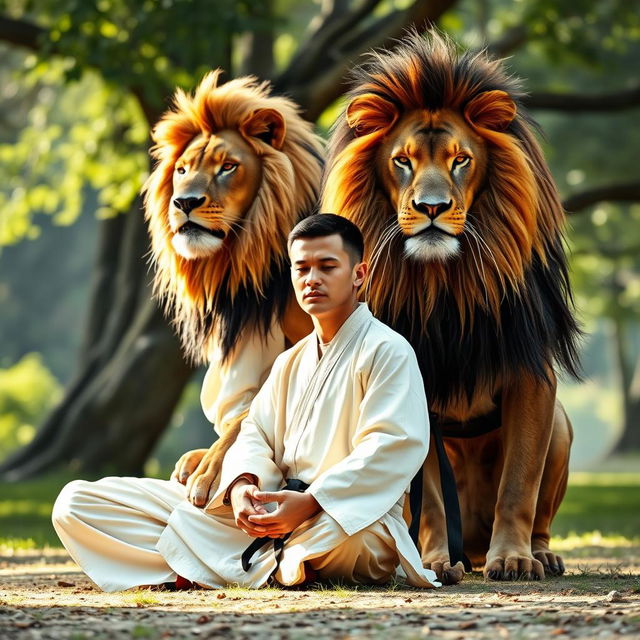 A powerful lion sitting beside a man in a meditative pose, both embodying mental discipline and strength