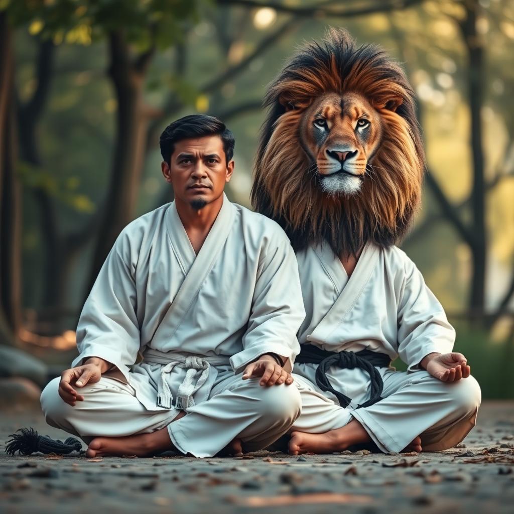 A powerful lion sitting beside a man in a meditative pose, both embodying mental discipline and strength