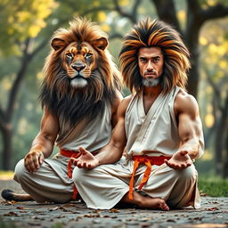 A powerful lion sitting beside a man in a meditative pose, both embodying mental discipline and strength
