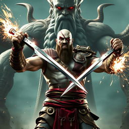 A powerful depiction of Kratos from the video game series, standing heroically in a dramatic pose with the Blade of Exile in his hands