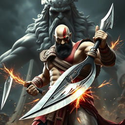 A powerful depiction of Kratos from the video game series, standing heroically in a dramatic pose with the Blade of Exile in his hands