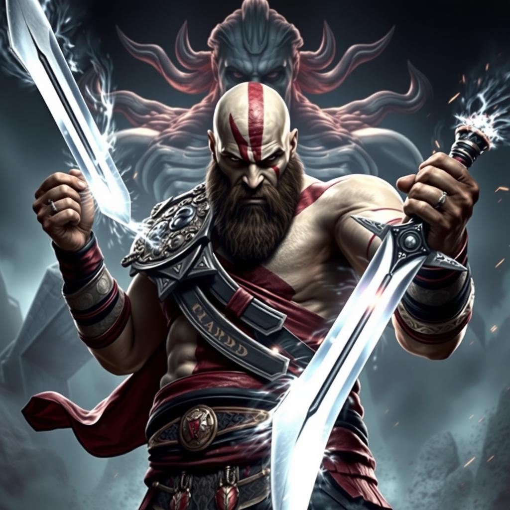 A powerful depiction of Kratos from the video game series, standing heroically in a dramatic pose with the Blade of Exile in his hands