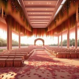 A 3D illustration of a lavish marriage hall, optimized for a 45ft wide by 250ft long land, including a well-thought-out parking area. The design should reflect a stylish interior, versatile seating, and space for a stage.