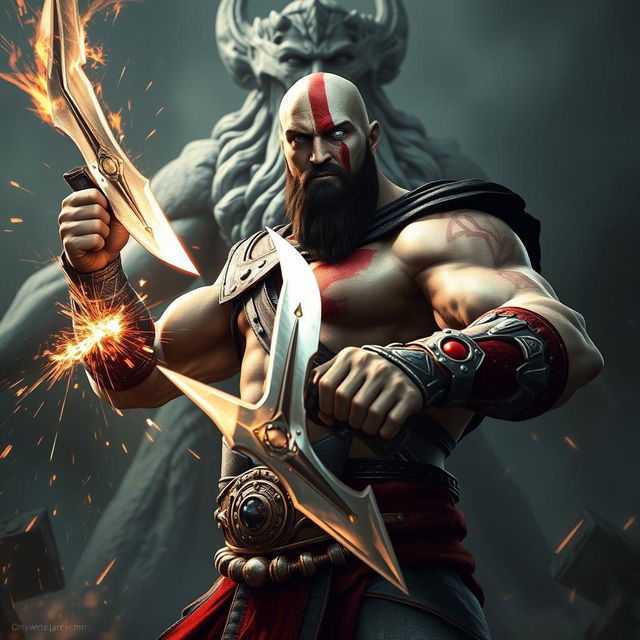 A powerful depiction of Kratos from the video game series, standing heroically in a dramatic pose with the Blade of Exile in his hands