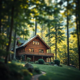 A beautiful wooden house surrounded by lush greenery, tall trees, and a serene natural landscape