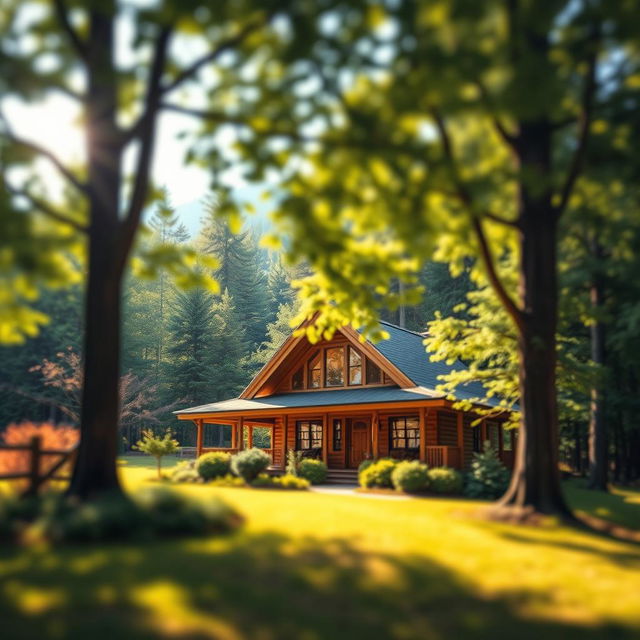 A beautiful wooden house surrounded by lush greenery, tall trees, and a serene natural landscape