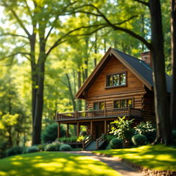 A beautiful wooden house surrounded by lush greenery, tall trees, and a serene natural landscape