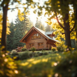 A beautiful wooden house surrounded by lush greenery, tall trees, and a serene natural landscape