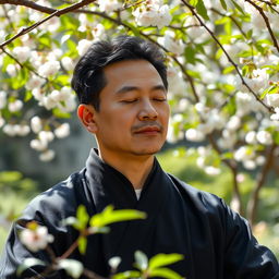 A serene and focused Chinese man practicing traditional discipline, meditating in a tranquil garden surrounded by lush greenery and delicate cherry blossom trees