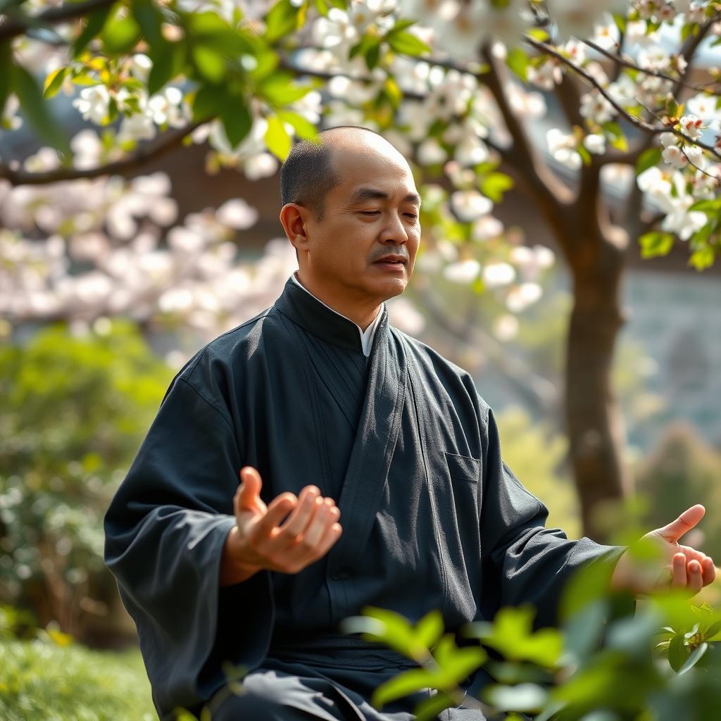 A serene and focused Chinese man practicing traditional discipline, meditating in a tranquil garden surrounded by lush greenery and delicate cherry blossom trees