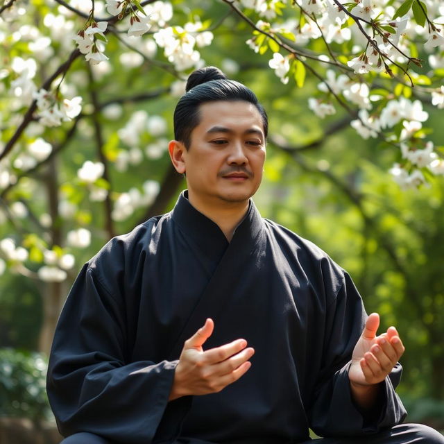 A serene and focused Chinese man practicing traditional discipline, meditating in a tranquil garden surrounded by lush greenery and delicate cherry blossom trees