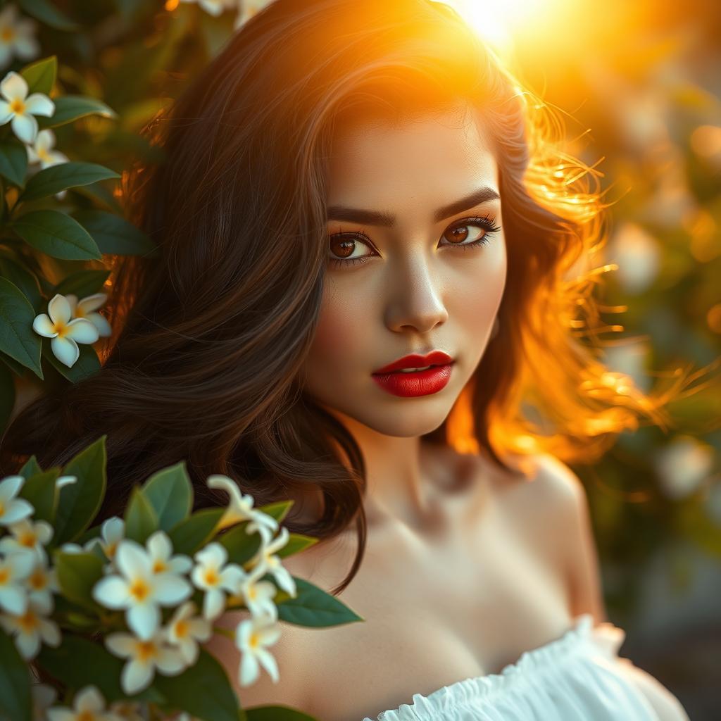 A stunning portrait of a young woman with deep brown eyes and flowing dark brown hair illuminated by golden sunlight