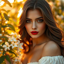 A stunning portrait of a young woman with deep brown eyes and flowing dark brown hair illuminated by golden sunlight