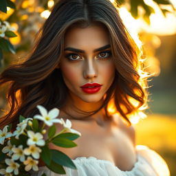 A stunning portrait of a young woman with deep brown eyes and flowing dark brown hair illuminated by golden sunlight