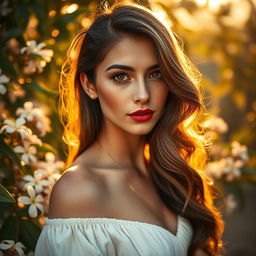 A stunning portrait of a young woman with deep brown eyes and flowing dark brown hair illuminated by golden sunlight