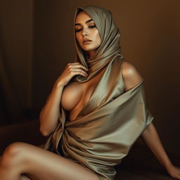 A stunning artistic representation of a figure adorned in a luxurious silk hijab, gracefully draped, while maintaining an elegant and seductive pose