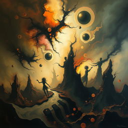 An abstract and surreal representation of an ethereal landscape, filled with strange shapes and colors that evoke a sense of mystery and confusion