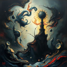 An abstract and surreal representation of an ethereal landscape, filled with strange shapes and colors that evoke a sense of mystery and confusion