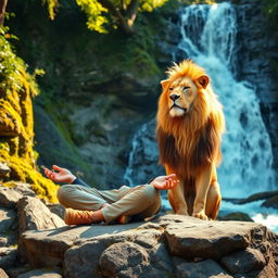 A serene scene depicting a man practicing mindfulness meditation while sitting on a rocky surface in the mountains, surrounded by a breathtakingly cold waterfall cascading down nearby