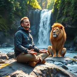 A serene scene depicting a man practicing mindfulness meditation while sitting on a rocky surface in the mountains, surrounded by a breathtakingly cold waterfall cascading down nearby