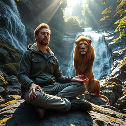 A serene scene depicting a man practicing mindfulness meditation while sitting on a rocky surface in the mountains, surrounded by a breathtakingly cold waterfall cascading down nearby