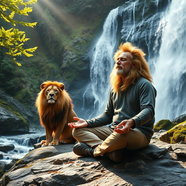 A serene scene depicting a man practicing mindfulness meditation while sitting on a rocky surface in the mountains, surrounded by a breathtakingly cold waterfall cascading down nearby