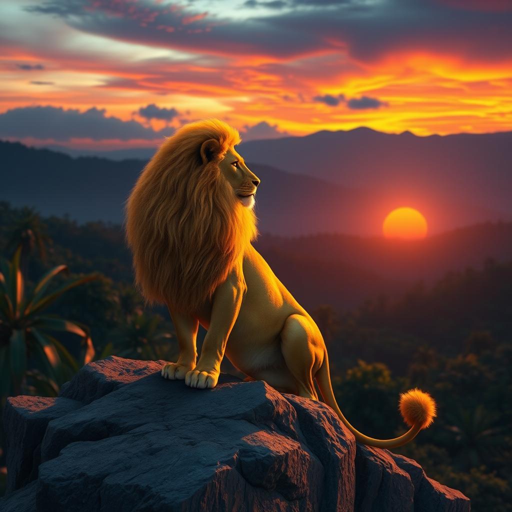 A fantastical lion with a majestic mane, sitting regally on a rocky cliff, overlooking a vivid sunset