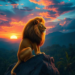 A fantastical lion with a majestic mane, sitting regally on a rocky cliff, overlooking a vivid sunset