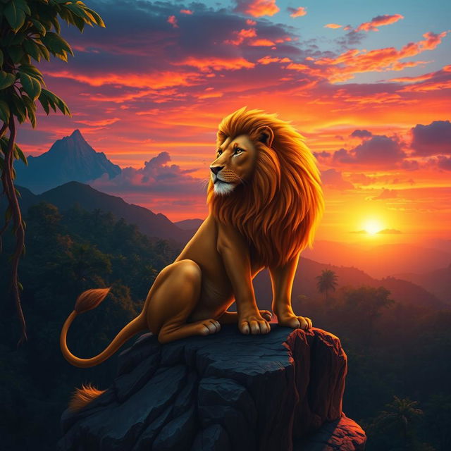 A fantastical lion with a majestic mane, sitting regally on a rocky cliff, overlooking a vivid sunset