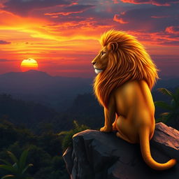 A fantastical lion with a majestic mane, sitting regally on a rocky cliff, overlooking a vivid sunset