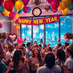 A vibrant and festive New Year's celebration scene, featuring a beautifully decorated room with colorful balloons, sparkling decorations, and a large 'Happy New Year' banner