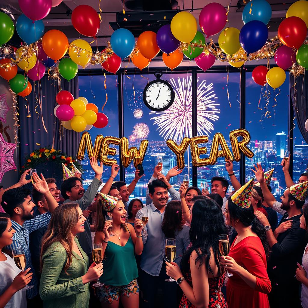 A vibrant and festive New Year's celebration scene, featuring a beautifully decorated room with colorful balloons, sparkling decorations, and a large 'Happy New Year' banner