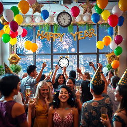 A vibrant and festive New Year's celebration scene, featuring a beautifully decorated room with colorful balloons, sparkling decorations, and a large 'Happy New Year' banner