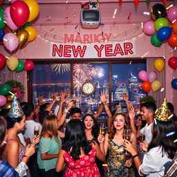 A vibrant and festive New Year's celebration scene, featuring a beautifully decorated room with colorful balloons, sparkling decorations, and a large 'Happy New Year' banner
