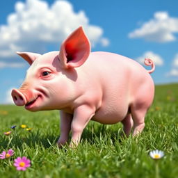 A side view of a pig with a rounded body, short legs, and a curly tail, showcasing its pink skin and small ears, standing in a grassy field