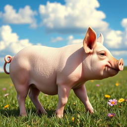 A side view of a pig with a rounded body, short legs, and a curly tail, showcasing its pink skin and small ears, standing in a grassy field