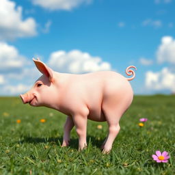 A side view of a pig with a rounded body, short legs, and a curly tail, showcasing its pink skin and small ears, standing in a grassy field