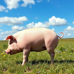A side view of a pig with a rounded body, short legs, and a curly tail, showcasing its pink skin and small ears, standing in a grassy field