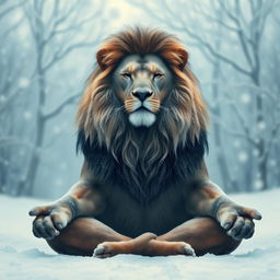A majestic lion sitting in a meditative posture, surrounded by a tranquil, cold environment