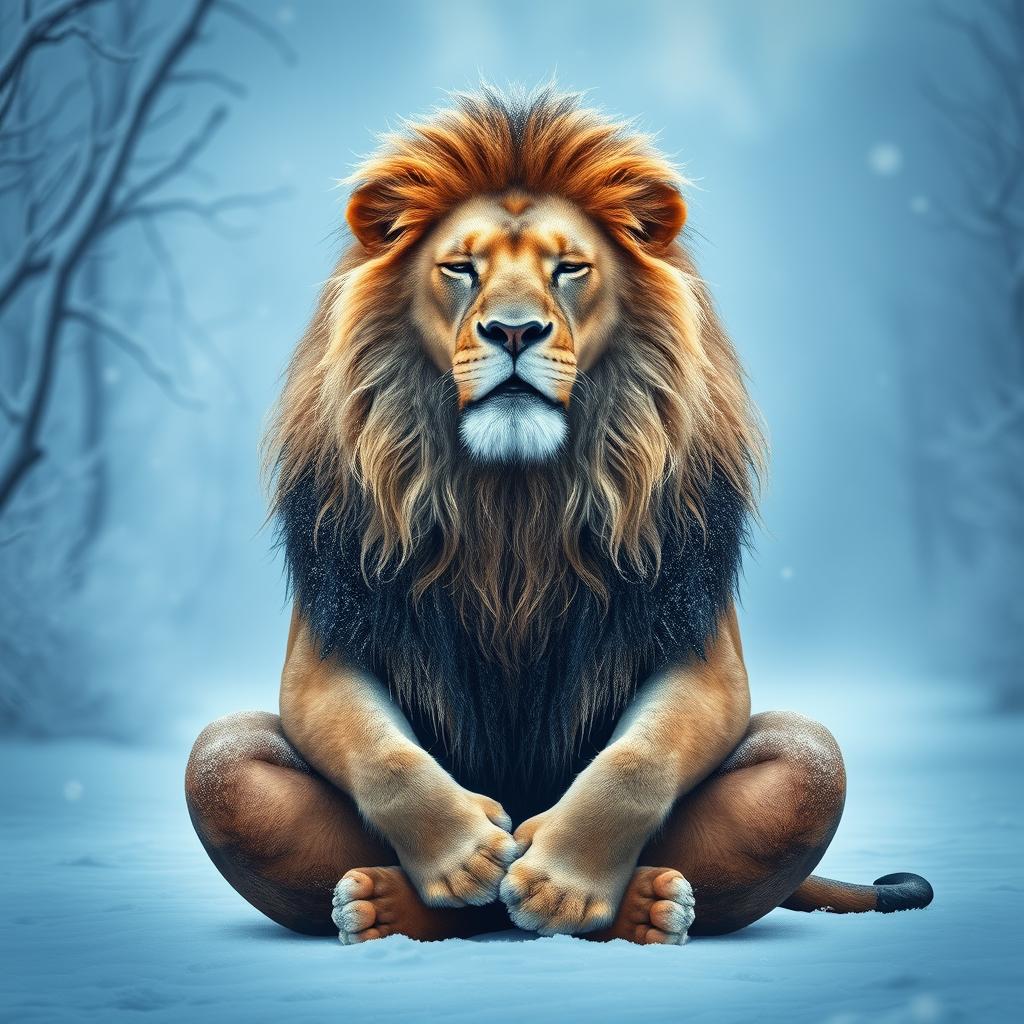 A majestic lion sitting in a meditative posture, surrounded by a tranquil, cold environment