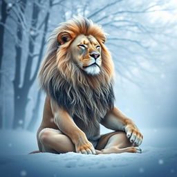A majestic lion sitting in a meditative posture, surrounded by a tranquil, cold environment