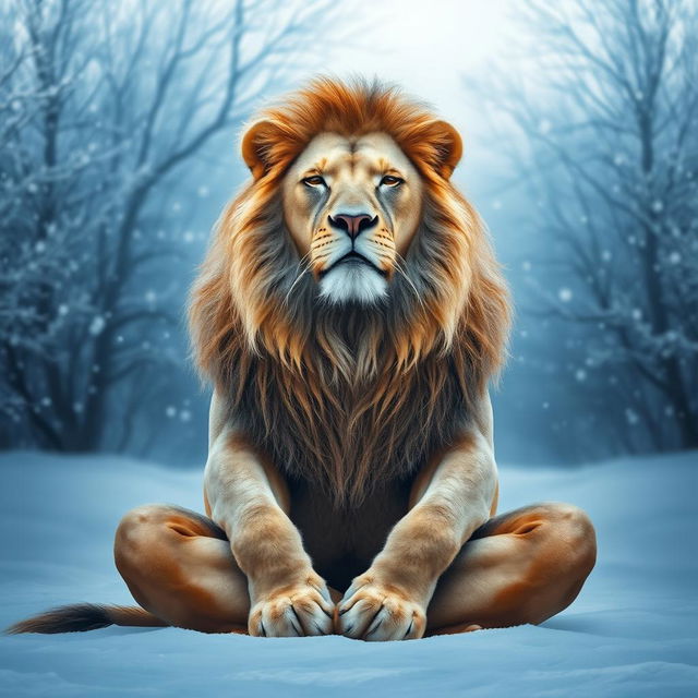 A majestic lion sitting in a meditative posture, surrounded by a tranquil, cold environment